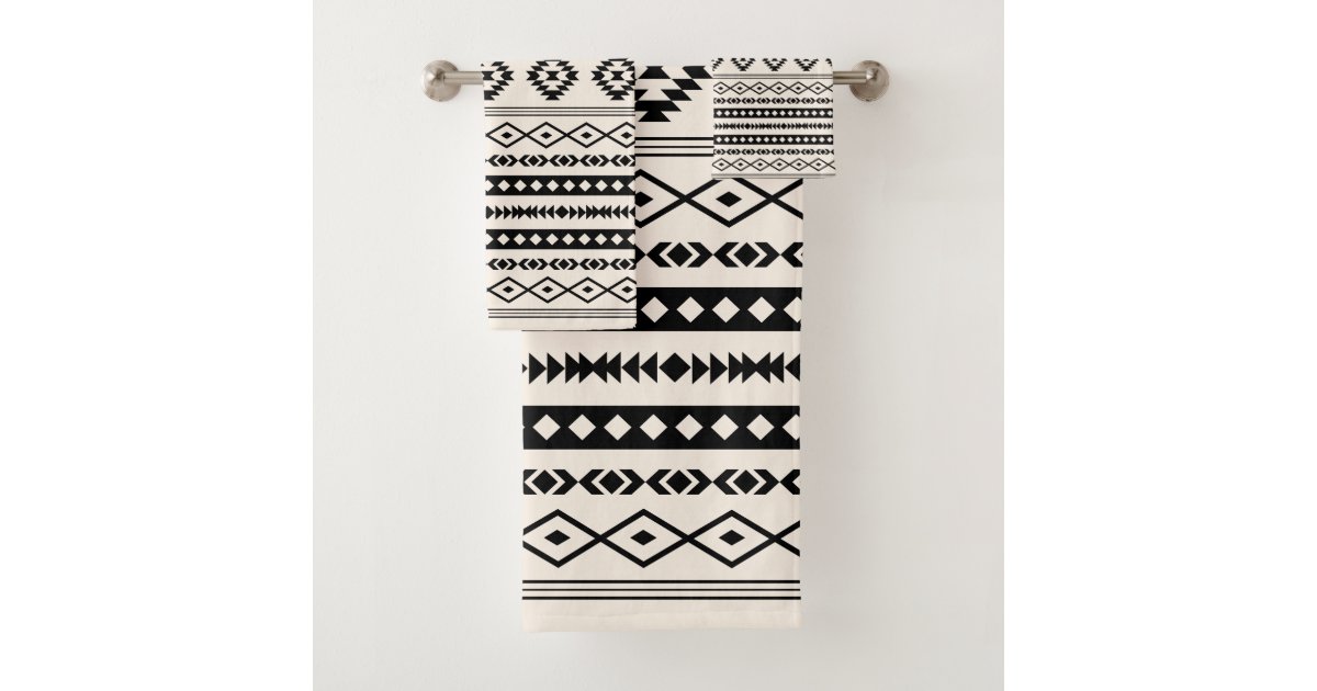 Aztec Black on Cream Mixed Motifs Pattern Bath Towel Set Zazzle