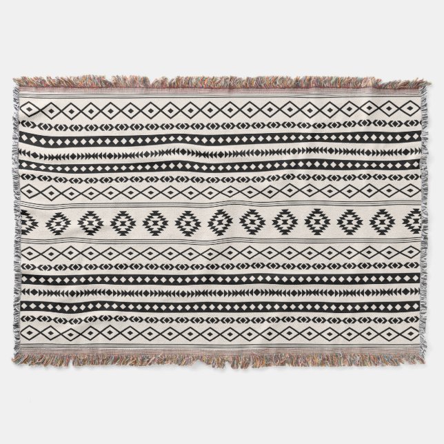 Aztec Black on Cream Mixed Motifs Pattern Throw Blanket (Front)