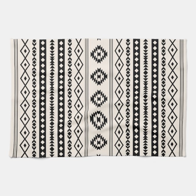 Aztec Black on Cream Mixed Motifs (V) Pattern Kitchen Towel (Horizontal)