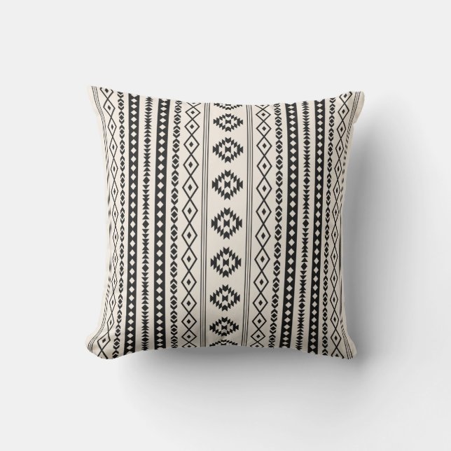 Aztec Black on Cream Mixed Motifs (V) Pattern Outdoor Pillow (Front)