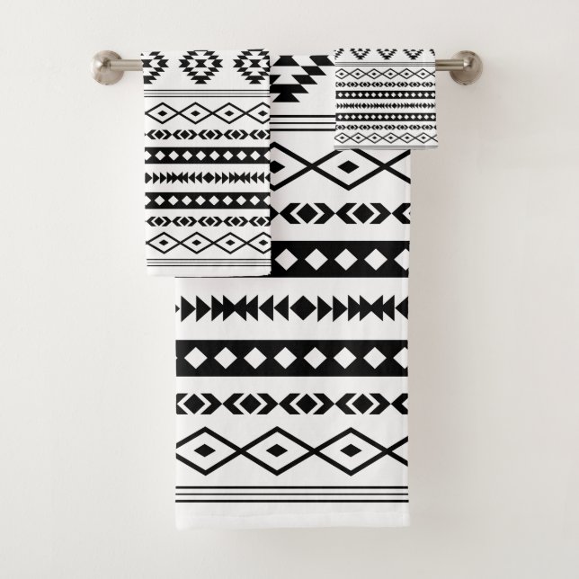 Aztec Black on White Mixed Motifs Pattern Bath Towel Set (Insitu)