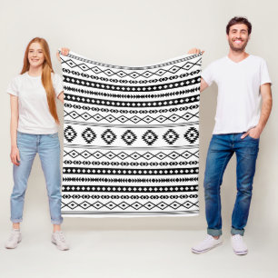 Aztec Black on White Mixed Motifs Pattern Fleece Blanket