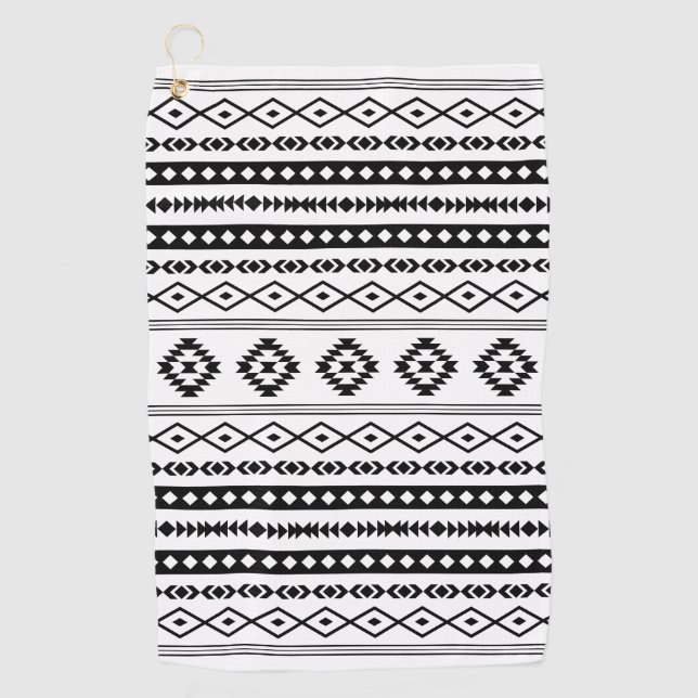 Aztec Black on White Mixed Motifs Pattern Golf Towel (Front)