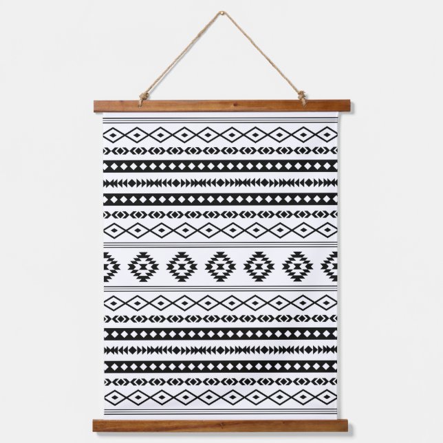 Aztec Black on White Mixed Motifs Pattern Hanging Tapestry (Front)