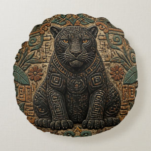 Aztec Black Panther Tribal Stone Pattern Round Pillow