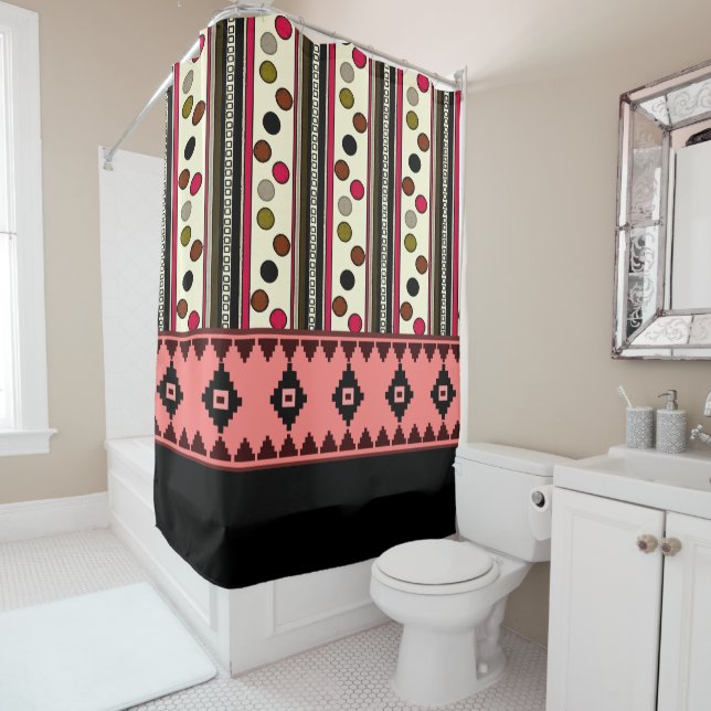 Aztec black pokeadots showercurtain (In Situ)