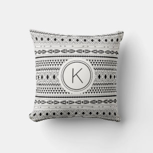 Aztec Black White Geometric Pattern Monogram Throw Pillow