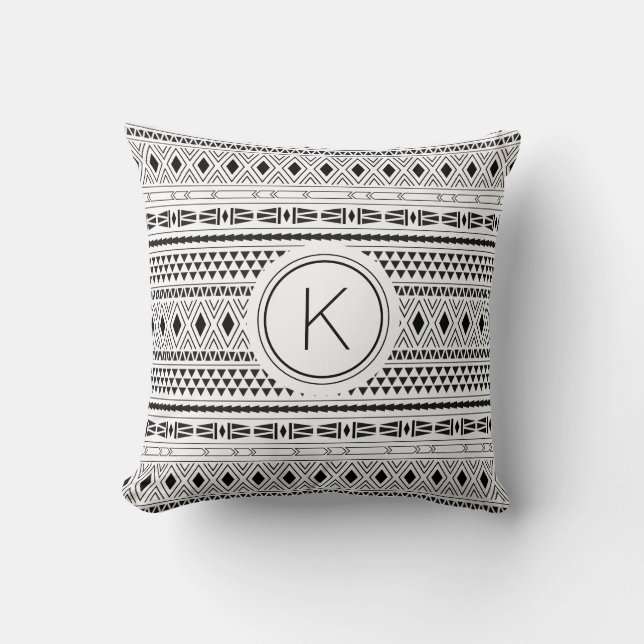 Aztec Black White Geometric Pattern Monogram Throw Pillow (Front)