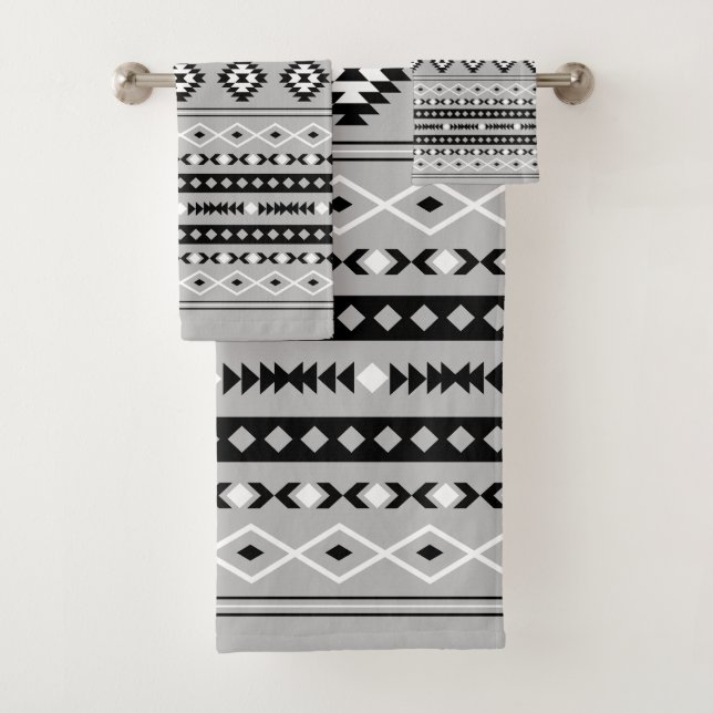 Aztec Black White Grey Mixed Motifs Pattern Bath Towel Set (Insitu)