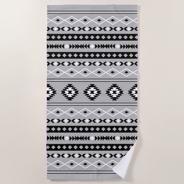 Aztec Black White Grey Mixed Motifs Pattern Beach Towel (Front)