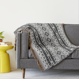 Aztec Black White Grey Mixed Motifs Pattern Throw Blanket