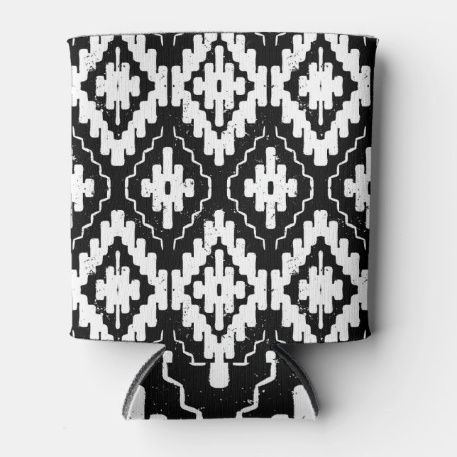 Aztec Black-White: Vintage Ethnic Print. Can Cooler (Front)