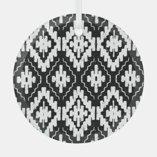 Aztec Black-White: Vintage Ethnic Print. Glass Ornament