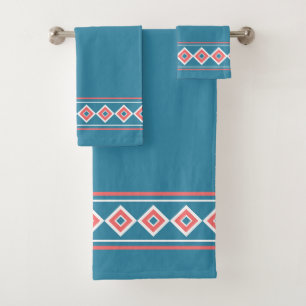 Aztec Blue Coral Diamond Southwestern Bath Towel Set