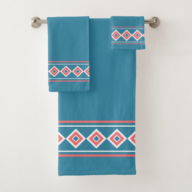 Aztec Blue Coral Diamond Southwestern Bath Towel Set (Insitu)