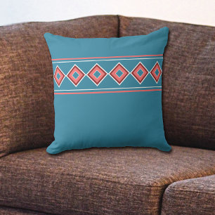 Aztec Blue Coral Diamond Southwestern Throw Pillow