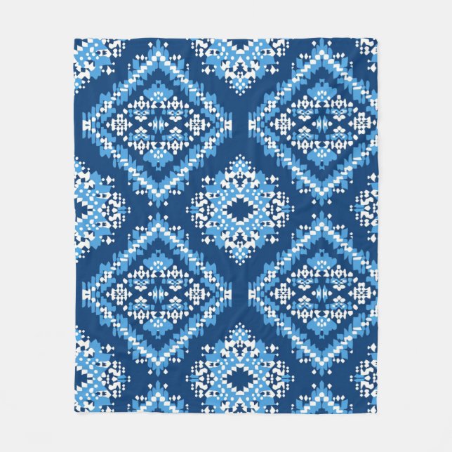 Aztec Blue Knitted Geometric Art Fleece Blanket (Front)