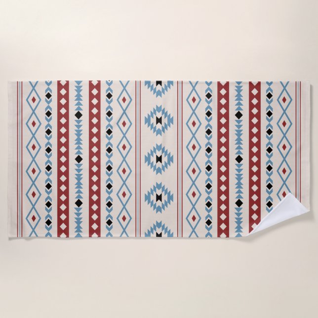 Aztec Blue Red Black Cream Mixed Motifs Pattern Beach Towel (Front)