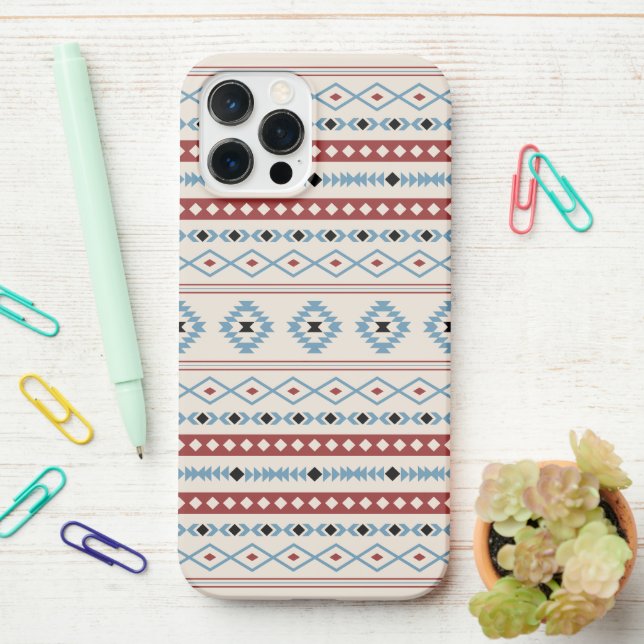 Aztec Blue Red Black Cream Mixed Motifs Pattern iPhone Case (On Desk)