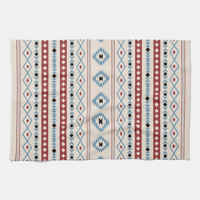 Aztec Blue Red Black Cream Mixed Motifs Pattern Kitchen Towel (Horizontal)