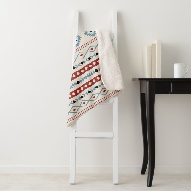 Aztec Blue Red Black Cream Mixed Motifs Pattern Sherpa Blanket (In Situ)