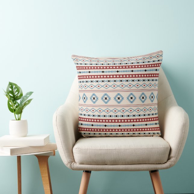 Aztec Blue Red Black Cream Mixed Motifs Pattern Throw Pillow (Chair)