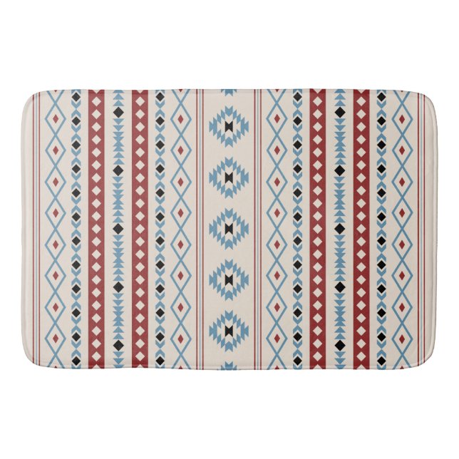 Aztec Blue Red Black Cream Mixed Motifs V Pattern Bath Mat (Front)