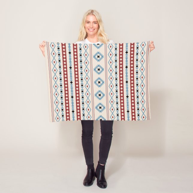 Aztec Blue Red Black Cream Mixed Motifs V Pattern Fleece Blanket (In Situ)