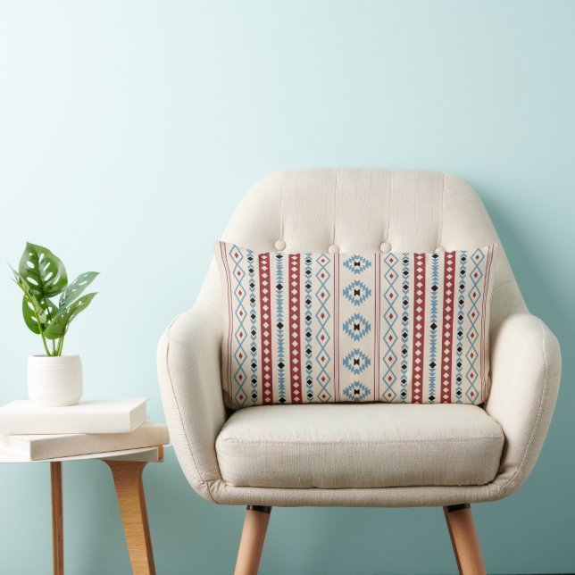 Aztec Blue Red Black Cream Mixed Motifs V Pattern Lumbar Pillow (Chair)