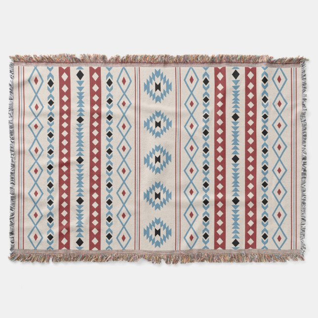 Aztec Blue Red Black Cream Mixed Motifs V Pattern Throw Blanket (Front)