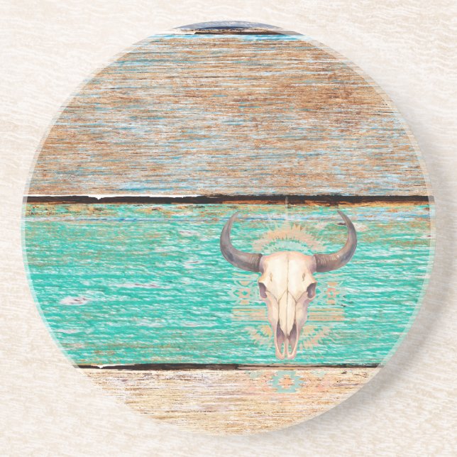 Aztec Boho Skull, weathered wood Coaster (Front)