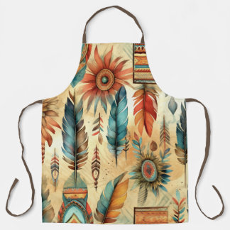 Aztec Boho Tribal Blue Feathers Apron