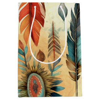 Aztec Boho Tribal Blue Feathers Medium Gift Bag