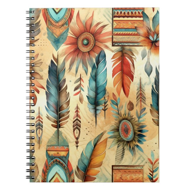 Aztec Boho Tribal Blue Feathers Notebook (Front)