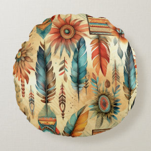 Aztec Boho Tribal Blue Feathers Round Pillow