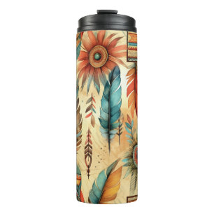 Aztec Boho Tribal Blue Feathers Thermal Tumbler