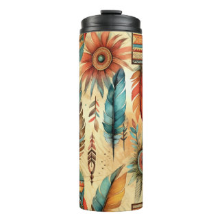 Aztec Boho Tribal Blue Feathers Thermal Tumbler