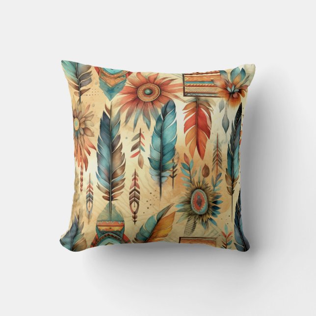 Aztec Boho Tribal Blue Feathers Throw Pillow (Front)