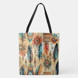 Aztec Boho Tribal Blue Feathers Tote Bag
