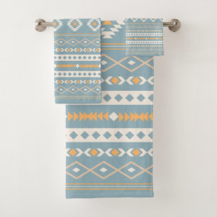 Aztec Cream Orange Blue Mixed Motif Pattern Bath Towel Set