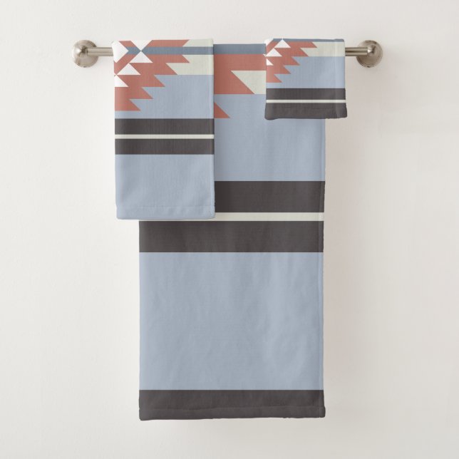 Aztec design in pink and blue colours bath towel set (Insitu)