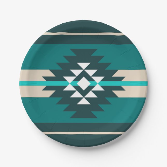 Aztec design in turquoise color paper plate (Front)