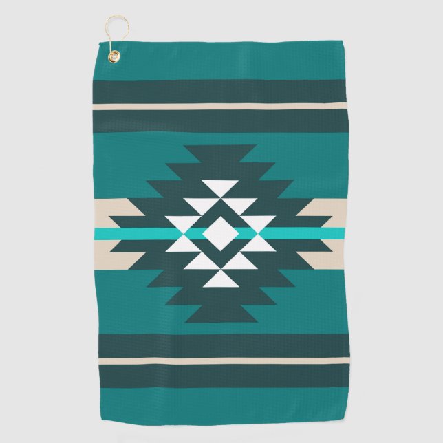 Aztec design in turquoise colour golf towel (Front)