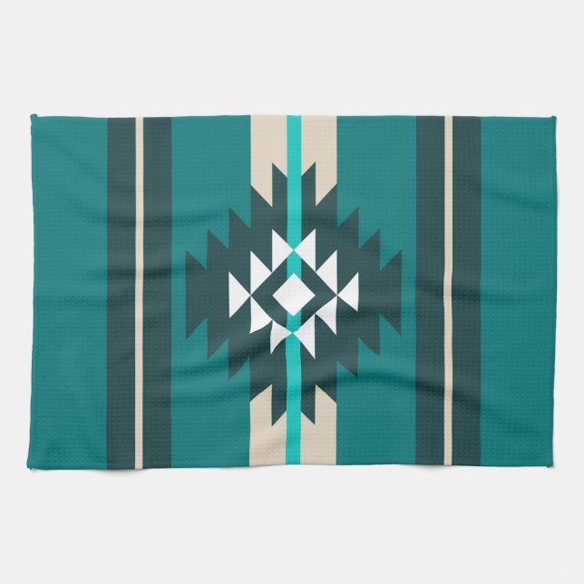 Aztec design in turquoise colour kitchen towel (Horizontal)