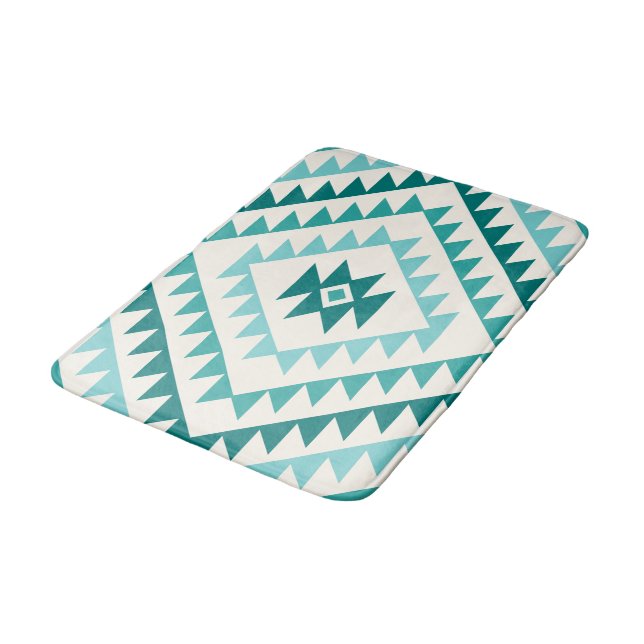 Aztec Diamond Motif Design Teals & Cream Bath Mat (Angled)
