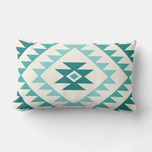 Aztec Diamond Motif Design Teals & Cream Lumbar Pillow (Front)