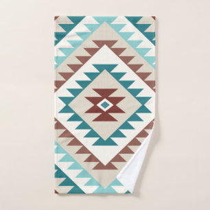 Aztec Diamond Motif Design Teals Creams Browns Bath Towel Set