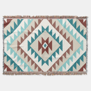 Aztec Diamond (v) Motif Design Teals Creams Browns Throw Blanket