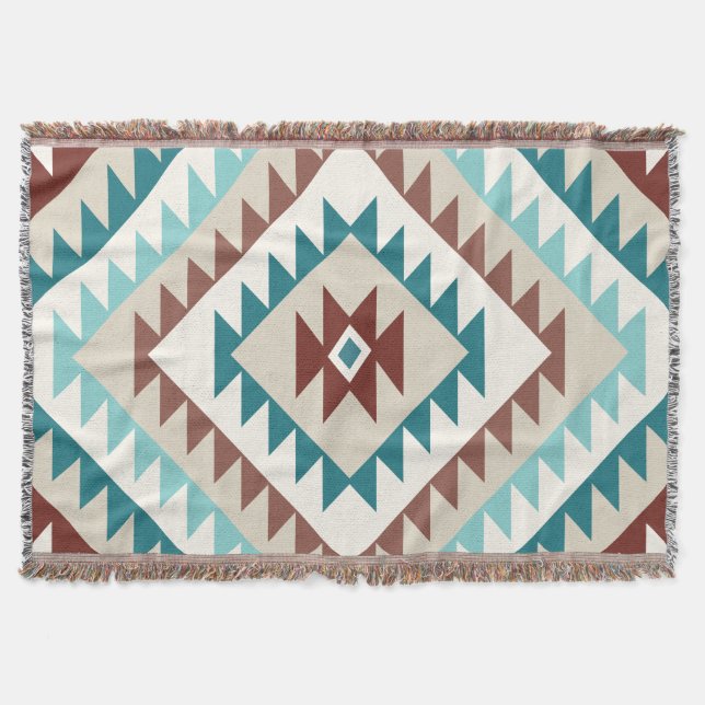 Aztec Diamond (v) Motif Design Teals Creams Browns Throw Blanket (Front)
