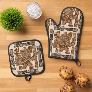 Aztec Eagle Warrior Tribal Ancient Art Oven Mitt & Pot Holder Set